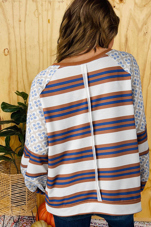 Mixed Print Floral And Striped Raglan Pullover Sweatshirt