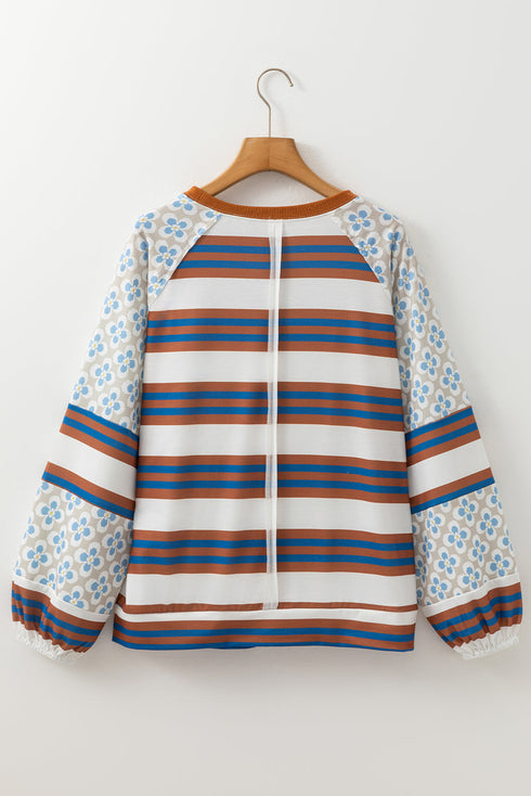Mixed Print Floral And Striped Raglan Pullover Sweatshirt