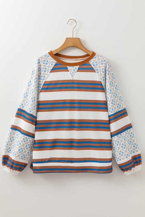 Mixed Print Floral And Striped Raglan Pullover Sweatshirt