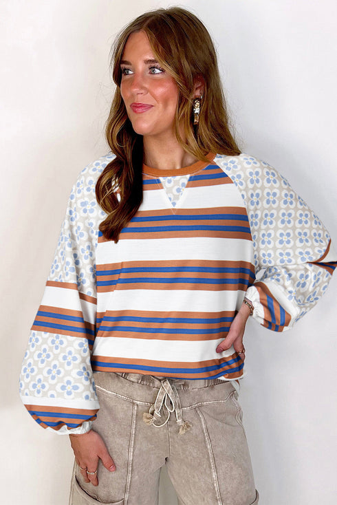 Mixed Print Floral And Striped Raglan Pullover Sweatshirt