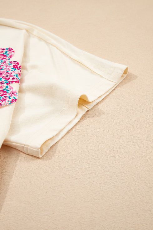 Mixed Print Floral Applique Short Sleeve Jersey Tee