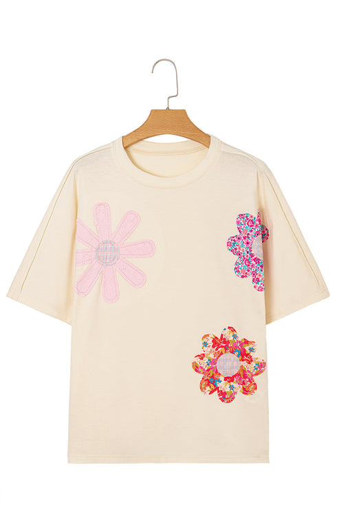 Mixed Print Floral Applique Short Sleeve Jersey Tee