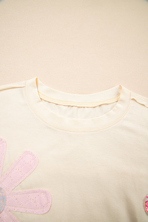 Mixed Print Floral Applique Short Sleeve Jersey Tee