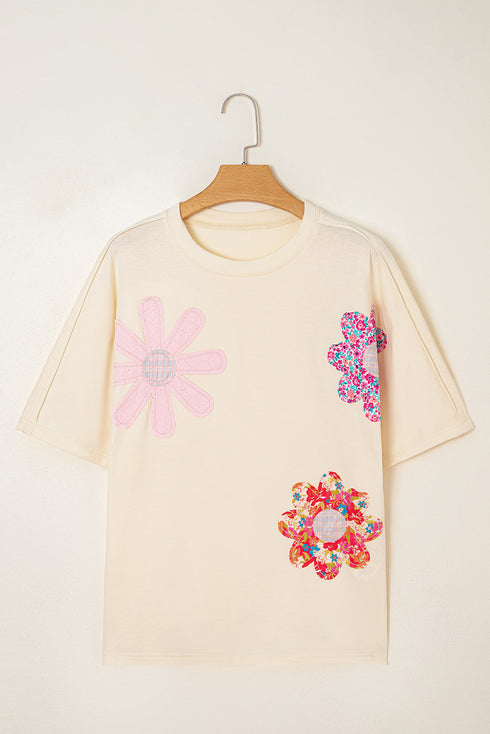 Mixed Print Floral Applique Short Sleeve Jersey Tee