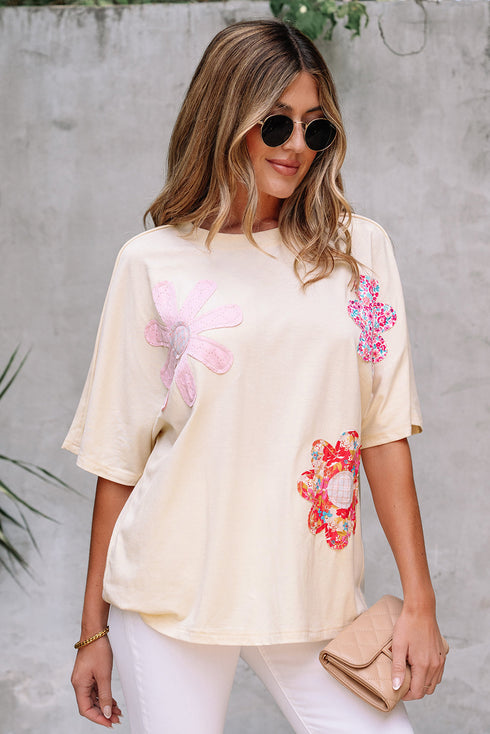Mixed Print Floral Applique Short Sleeve Jersey Tee