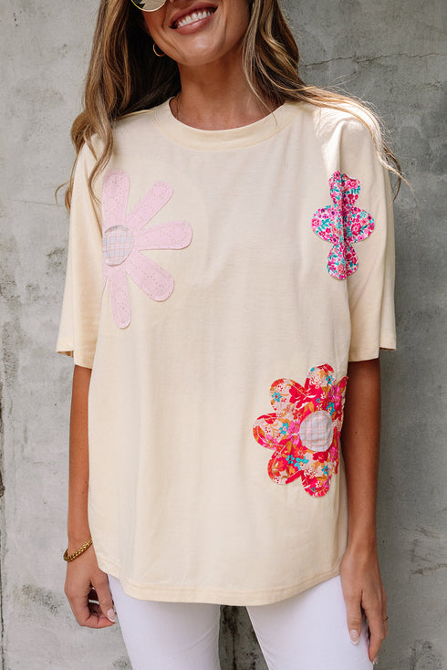 Mixed Print Floral Applique Short Sleeve Jersey Tee