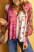 Mixed Print Floral Paisley Button Front Long Sleeve Blouse
