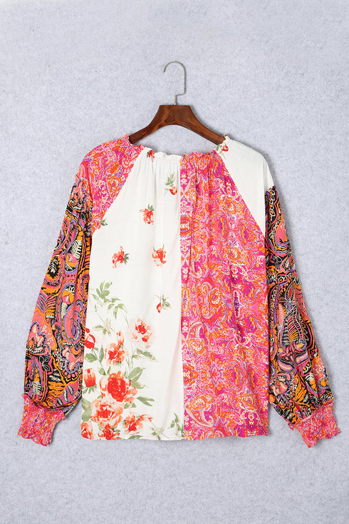 Mixed Print Floral Paisley Button Front Long Sleeve Blouse