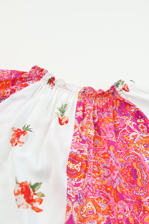 Mixed Print Floral Paisley Button Front Long Sleeve Blouse