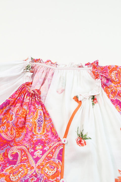 Mixed Print Floral Paisley Button Front Long Sleeve Blouse