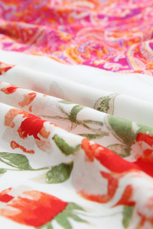Mixed Print Floral Paisley Button Front Long Sleeve Blouse