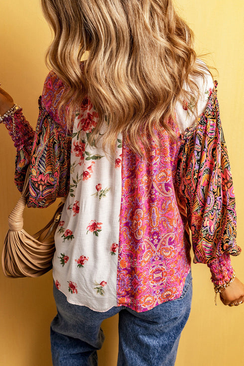 Mixed Print Floral Paisley Button Front Long Sleeve Blouse