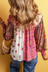 Mixed Print Floral Paisley Button Front Long Sleeve Blouse