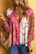 Mixed Print Floral Paisley Button Front Long Sleeve Blouse