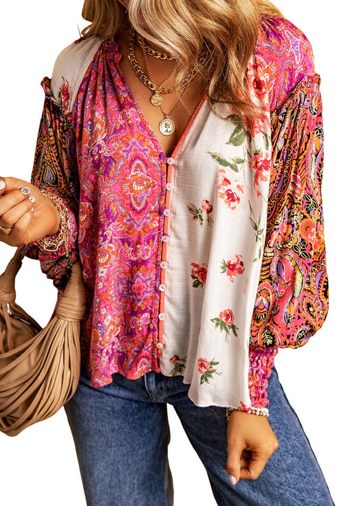 Mixed Print Floral Paisley Button Front Long Sleeve Blouse