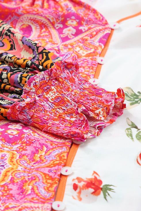 Mixed Print Floral Paisley Button Front Long Sleeve Blouse