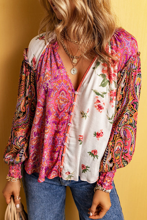 Mixed Print Floral Paisley Button Front Long Sleeve Blouse