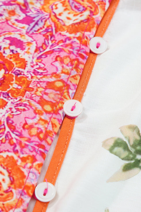 Mixed Print Floral Paisley Button Front Long Sleeve Blouse