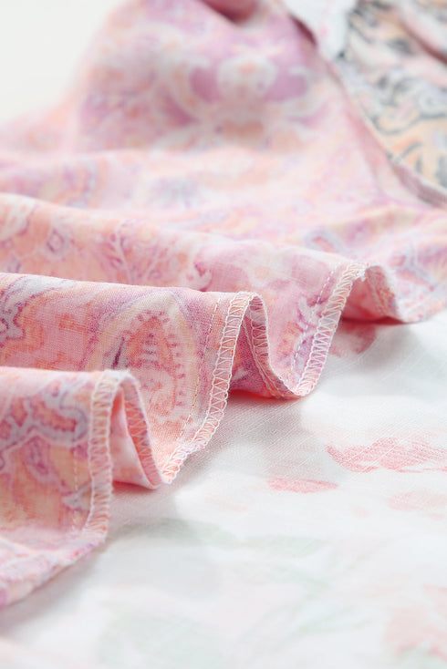 Mixed Print Floral Paisley Button Front Long Sleeve Blouse