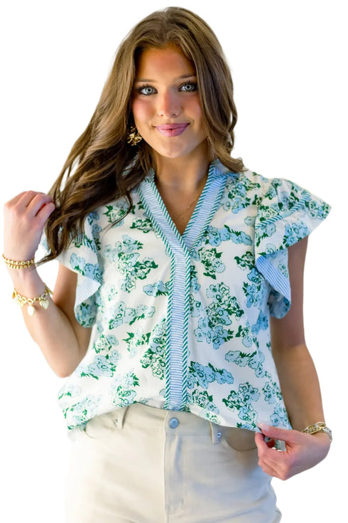 Mixed Print Floral Stripe V Neck Flutter Sleeve Blouse
