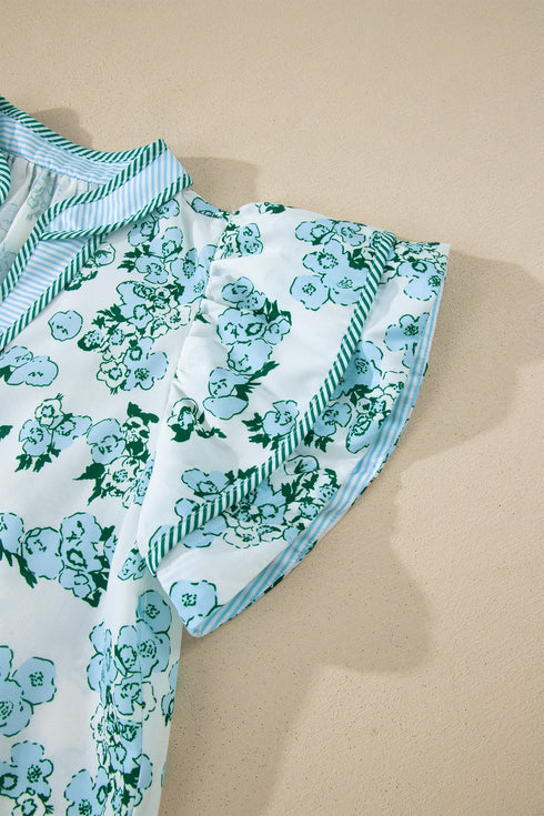 Mixed Print Floral Stripe V Neck Flutter Sleeve Blouse