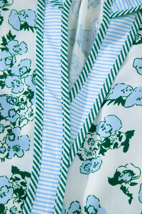 Mixed Print Floral Stripe V Neck Flutter Sleeve Blouse