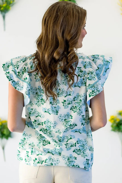 Mixed Print Floral Stripe V Neck Flutter Sleeve Blouse