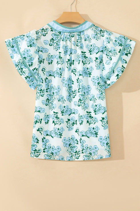 Mixed Print Floral Stripe V Neck Flutter Sleeve Blouse