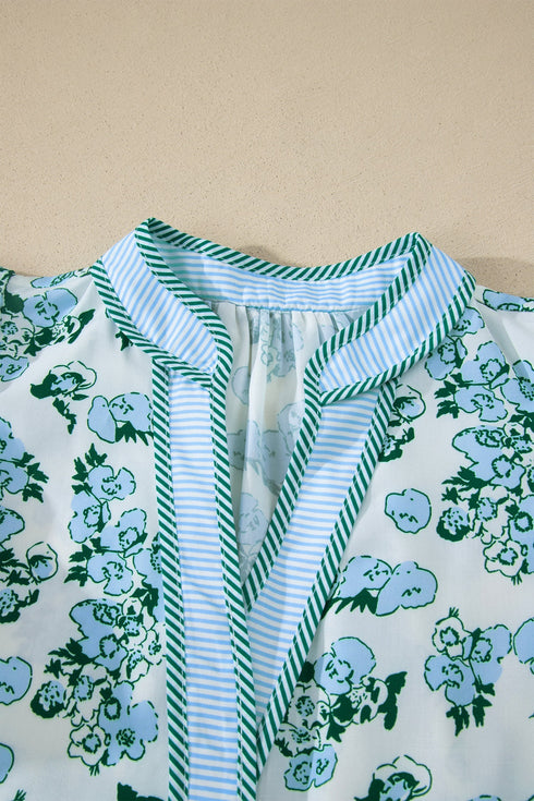 Mixed Print Floral Stripe V Neck Flutter Sleeve Blouse