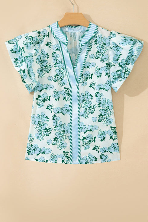 Mixed Print Floral Stripe V Neck Flutter Sleeve Blouse