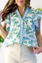 Mixed Print Floral Stripe V Neck Flutter Sleeve Blouse