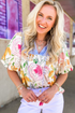 Mixed Print Frilled V Neck Puff Sleeve Blouse