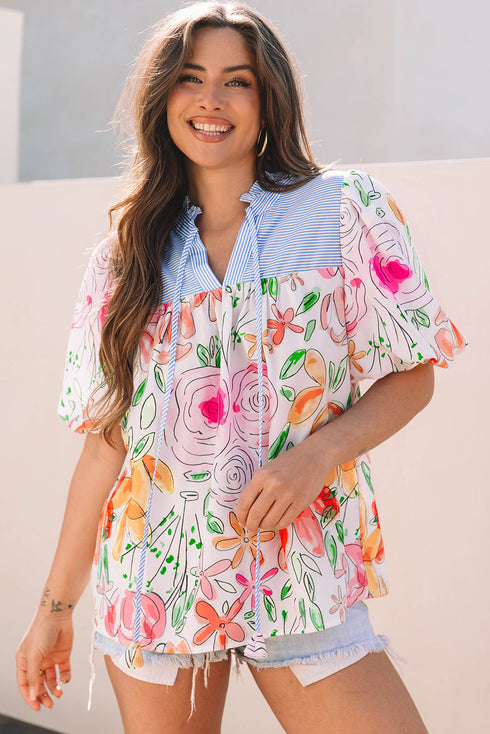 Mixed Print Frilled V Neck Puff Sleeve Blouse