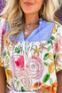 Mixed Print Frilled V Neck Puff Sleeve Blouse