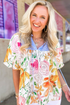 Mixed Print Frilled V Neck Puff Sleeve Blouse