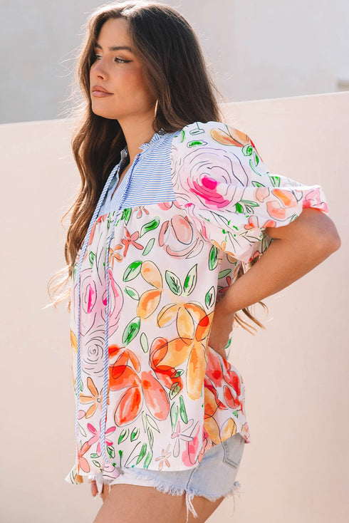 Mixed Print Frilled V Neck Puff Sleeve Blouse