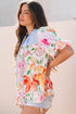 Mixed Print Frilled V Neck Puff Sleeve Blouse