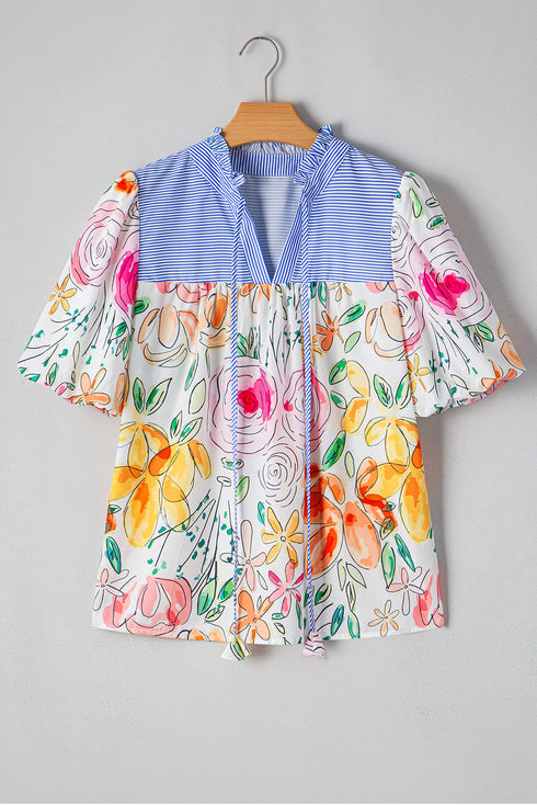 Mixed Print Frilled V Neck Puff Sleeve Blouse
