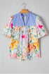 Mixed Print Frilled V Neck Puff Sleeve Blouse