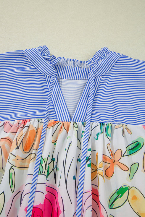 Mixed Print Frilled V Neck Puff Sleeve Blouse