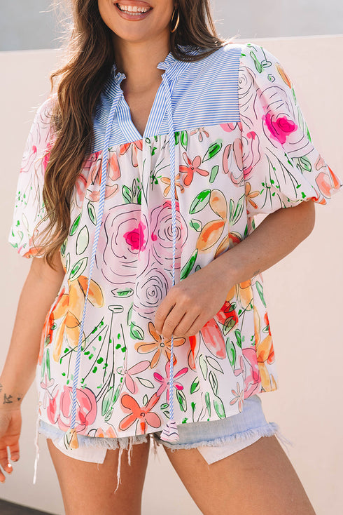 Mixed Print Frilled V Neck Puff Sleeve Blouse