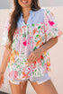 Mixed Print Frilled V Neck Puff Sleeve Blouse