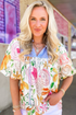 Mixed Print Frilled V Neck Puff Sleeve Blouse
