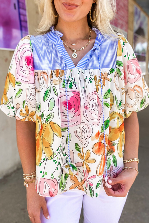 Mixed Print Frilled V Neck Puff Sleeve Blouse