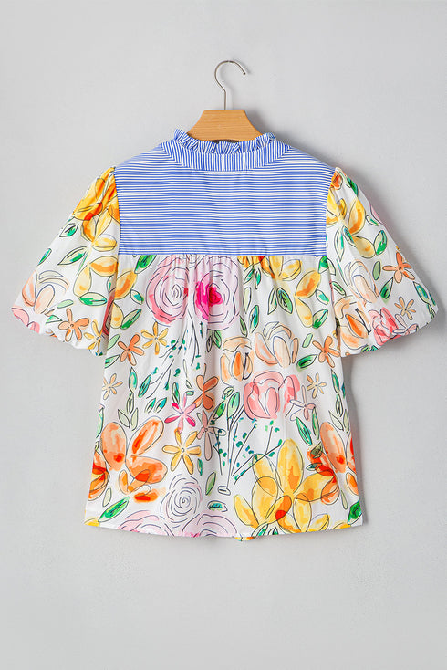 Mixed Print Frilled V Neck Puff Sleeve Blouse
