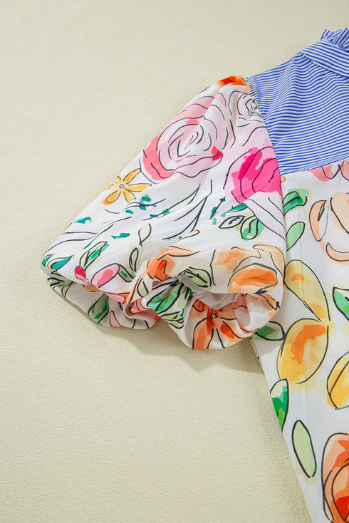 Mixed Print Frilled V Neck Puff Sleeve Blouse
