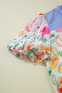 Mixed Print Frilled V Neck Puff Sleeve Blouse