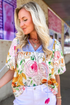 Mixed Print Frilled V Neck Puff Sleeve Blouse