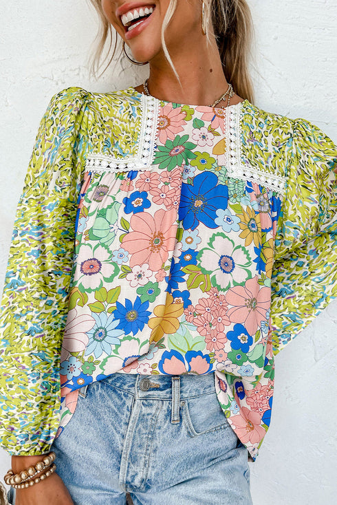 Mixed Print Lace Trim Long Sleeve Boho Blouse