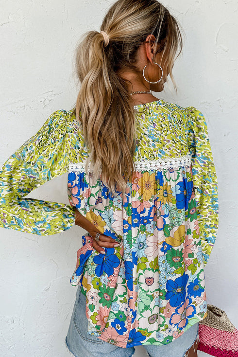 Mixed Print Lace Trim Long Sleeve Boho Blouse